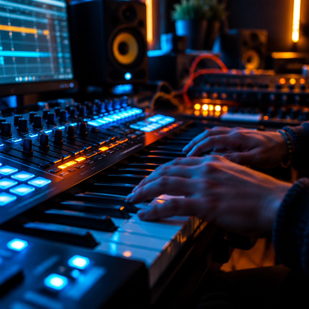 Manos de Andrés tocando teclados y controladores MIDI