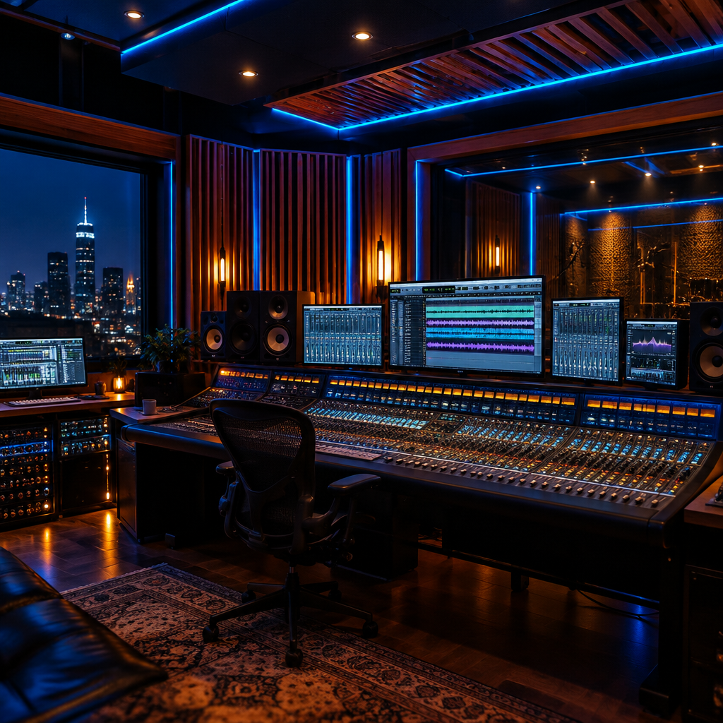 Sala de control del estudio con consola y pantallas